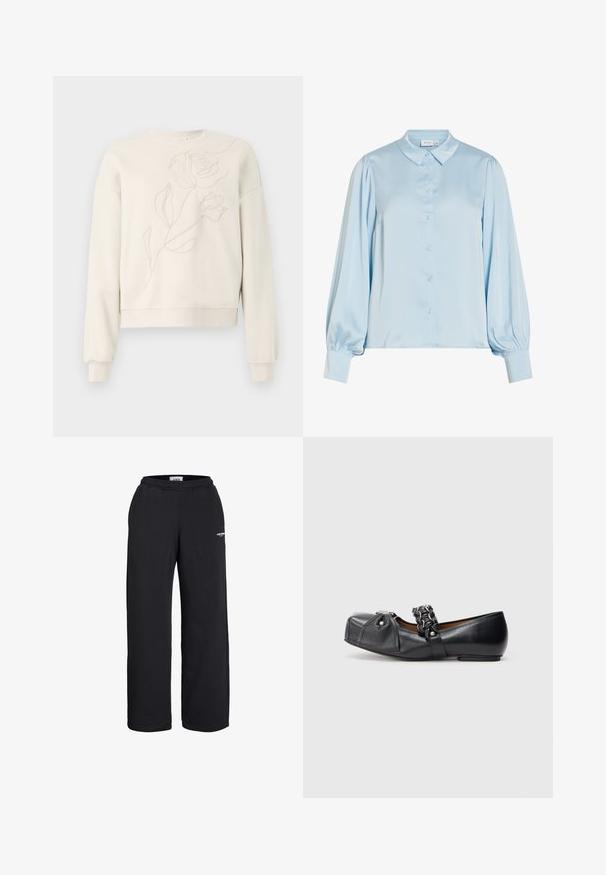 Cremfarbener Sweatshirt mit floralem Stickerei auf der Vorderseite. Rundhalsausschnitt, lange Ärmel und gerippte Bündchen. Weicher Stoff und lockere Passform.; Hellblaue Satinbluse mit langen Ärmeln, Knopfleiste vorne, spitzem Kragen, Puffärmeln und breiten Manschetten.; Schwarze Sweatpants mit geradem Bein, elastischem Bund und kleinem weißem Logo am oberen Oberschenkel, entworfen für den lässigen Gebrauch.; Schwarze Leder-Ballerina mit runder Zehenpartie, ausgestattet mit einer geflochtenen Akzentierung auf der Vorderseite und silberfarbener Hardware-Details auf dem Obermaterial.