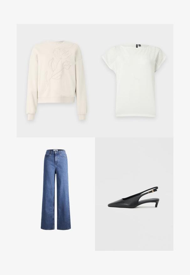Creme sweatshirt med blomsterbroderi på forsiden. Rund hals, lange ærmer og ribstrikkede manchetter. Blød tekstur og afslappet pasform.; Hvid kortærmet bluse med øjennet blonder detaljer på øverste del af bryst og ærmer, rund halsudskæring, lagt fladt på lys baggrund.; Lyseblå denim brede bukser med høj talje, to frontlommer og synlige stikninger. Har en knap- og lynlåslukning.; Sorte slingback-pumps med spids tå, glat lædertekstur, en lav kitten heel og et bånd med en metalspænde.