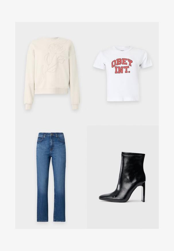 Creme sweatshirt med blomsterbroderi på forsiden. Rund hals, lange ærmer og ribstrikkede manchetter. Blød tekstur og afslappet pasform.; Hvid T-shirt med korte ærmer og rød fed tekst "OBEY INT." centreret foran på ensfarvet baggrund.; Blå denim jeans med lige ben, høj talje, fem lommer og diskrete stikninger langs sømmene. Glat tekstur.; Sorte læder ankelstøvle med spidse tæer og høj klar hæl. Glat tekstur og minimal syning på overmaterialet.