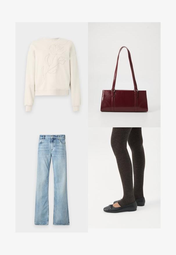 Creme sweatshirt med blomsterbroderi på forsiden. Rund hals, lange ærmer og ribstrikkede manchetter. Blød tekstur og afslappet pasform.; Lyseblå flagrende jeans lavet af denim, med fem lommer, knaplukning og let blødgøring for en slidt effekt.; Ben iført mørke ribbede leggings kombineret med sorte balletsko med små sløjfedetaljer på hvid baggrund.; Bordeaux håndtaske lavet af glansfuldt materiale, rektangulær form, med to skulderremme og subtile buede detaljer på forsiden.
