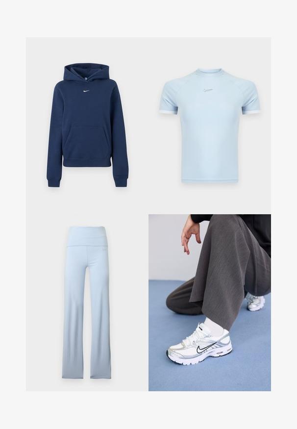 Marineblå hættetrøje med front kangurulomme og lille hvid Nike swoosh-logo centreret på brystet.; Lyseblå atletisk t-shirt med korte ærmer lavet af glat stof. Har rund halsudskæring og subtilt Nike-logo på brystet med hvide detaljer.; Lyseblå udvidede yogabukser med bred linning, glat tekstur og subtilt mærkelogo nær hoften. Ingen mønstre eller hardware-detaljer.; Hvide og sølv atletik sko med meshej og syntetiske materialer, der har sorte accentlinjer, snørebånd og strukturerede såler.