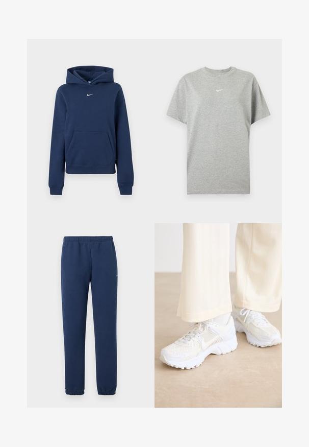 Sweat à capuche bleu marine avec poche kangourou devant et petit logo Nike swoosh blanc centré sur la poitrine.; T-shirt gris en coton à manches courtes avec col rond et petit logo Nike swoosh blanc centré sur la poitrine.; Pantalon de survêtement bleu marine avec taille et poignets élastiques, avec un petit logo swoosh blanc sur le haut de la cuisse gauche.; Baskets de sport blanches avec un design en maille, des surfaces texturées et des semelles de soutien. Lacets et détails de marque discrets sur le côté.