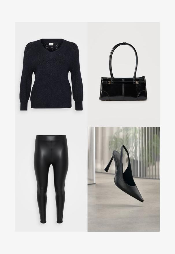 Σκούρο μπλε πλεκτό πουλόβερ με V-neck, με υφή και ανοιχτό έργο στις ώμους, και μακριά, ελαφρώς φουσκωτά μανίκια. Μαλακό ύφασμα με διακριτική γυαλάδα.; Μαύρο κολάν φτιαγμένο από λείο, γυαλιστερό υλικό. Υψηλή μέση, επιμορφωμένος σχεδιασμός και χωρίς ορατές ραφές ή μοτίβα.; Μαύρο δερμάτινο γοβάκι με λουράκι στη φτέρνα και μυτερή μύτη, αιωρούμενο πάνω από λείο τσιμεντένιο δάπεδο και κατακόρυφα μεταλλικά πάνελ στο φόντο.; Γυαλιστερή μαύρη ορθογώνια τσάντα με δύο λεπτούς ιμάντες ώμου και μικρές χρυσαφένιες αγκράφες μπροστά.