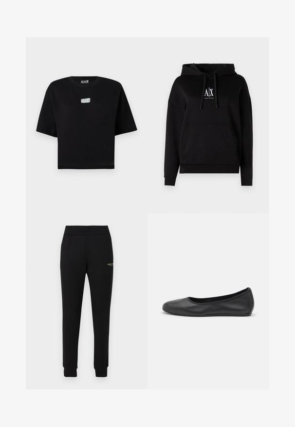 Sweat à capuche noir avec une poche frontale, des cordons et un logo "A|X" sur la poitrine. Fabriqué en tissu doux avec une coupe décontractée.; T-shirt noir court à manches courtes avec un petit logo EA7 Emporio Armani gris et blanc sur la poitrine et à l'intérieur de l'encolure.; Pantalon de survêtement noir fuselé avec taille et poignets élastiques, présentant un petit logo doré "Armani Exchange" sur la cuisse droite.; Ballerines en cuir noir avec un bout rond, texture lisse, détails de couture minimalistes et design de semelle flexible.