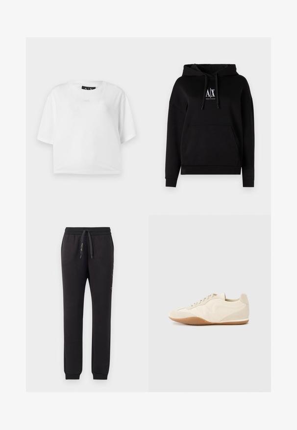 Sweat à capuche noir avec une poche frontale, des cordons et un logo "A|X" sur la poitrine. Fabriqué en tissu doux avec une coupe décontractée.; T-shirt blanc court en coton, avec un col rond et des manches courtes. Logo subtilement en relief sur le devant. Texture lisse.; Jogging en noir en coton doux avec une taille élastique et un cordon de serrage. Comprend des poignets côtelés et un texte brodé sur le côté.; Baskets beige clair avec une tige en cuir texturé, des panneaux latéraux texturés et une semelle en caoutchouc. Dotées d'un design fin et épuré ainsi que de lacets plats.