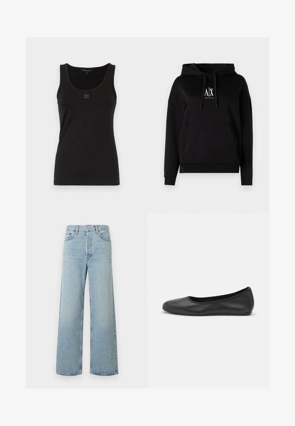Sweat à capuche noir avec une poche frontale, des cordons et un logo "A|X" sur la poitrine. Fabriqué en tissu doux avec une coupe décontractée.; Débardeur noir en tissu lisse et extensible. Présente un col rond et un petit logo sur le devant. Design simple et ajusté.; Jean large coupe pattes d'éléphant bleu clair en tissu denim avec une taille haute. Comprend cinq poches, une fermeture à bouton, et une texture subtilement délavée.; Ballerines en cuir noir avec un bout rond, texture lisse, détails de couture minimalistes et design de semelle flexible.