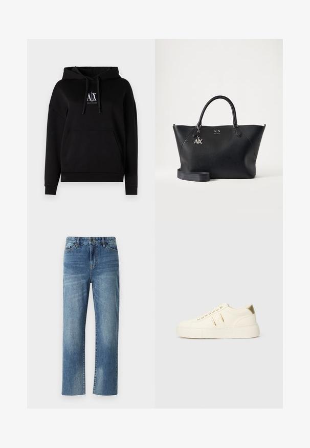 Sort hættejakke med lomme foran, snoretræk og et logo med "A|X" på brystet. Fremstillet af blødt stof med en afslappet pasform.; Blå denimjeans med lige ben, der har en knaplukning, frontlommer og en falmet tekstur over det hele.; Cremefarvet lavtop sneaker med guld accenter, snørebånd og præget "Armani Exchange" branding på sålen og siden.; Sort læder Armani Exchange håndtaske med to håndtag, sølv A|X vedhæng og aftagelig skulderrem mod en ensfarvet lys baggrund.