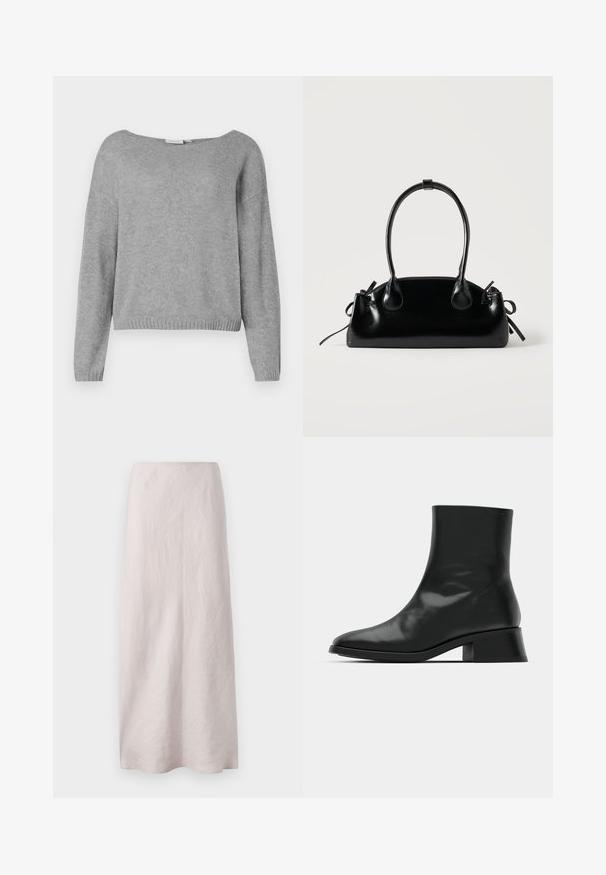Lys grå langærmet striktrøje med rund halsudskæring og ribbede manchetter og kant, vist på en hvid baggrund.; Lys pink maxi nederdel i linned med et rent, lige design. Stoffet har en let struktureret overflade og en elastisk talje.; Sort ankelstøvle lavet af blank læder, med et strømlinet design, spids tå og en moderat blokhælhøjde for stabilitet.; Lille sort blank håndtaske med to lange håndtag og snøre-detaljer i siden på en ensfarvet lys baggrund.