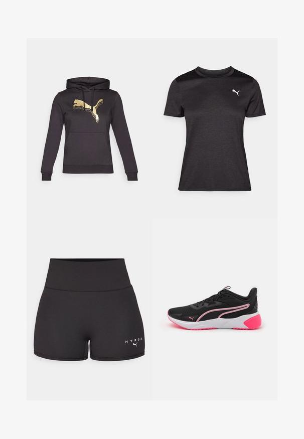 Schwarzes Hoodie mit langen Ärmeln und einer Fronttasche. Verfügt über ein goldfarbenes Puma-Logo und kontrastierende Streifenakzente auf dem Logo. Weicher Stoff.; Schwarzes Sport-T-Shirt mit kurzen Ärmeln, Rundhalsausschnitt und einem weißen Logo auf der Brust. Glatte Textur und figurbetonter Schnitt.; Schwarze Sportshorts aus dehnbarem Material. Hohe Taille mit weißem "HYROX"-Text und Logo auf der linken unteren Seite. Glatte Textur.; Schwarze Sportschuhe mit Netz-Obermaterial, pinken Akzenten, weißer Zwischensohle und markantem Logo. Sie verfügen über ein leichtes Design und eine strukturierte Außensohle.
