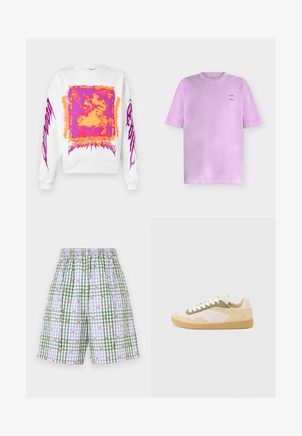 Sweat-shirt blanc avec un grand graphisme abstrait orange et violet ressemblant à un visage à l'avant et texte stylisé violet le long des deux manches.; T-shirt en coton lilas à manches courtes avec un col rond et un petit texte noir "SAMSOE" imprimé deux fois sur la partie supérieure gauche de la poitrine.; Shorts à carreaux verts et bleus avec une taille élastique, ornés d'un motif de cerises rouges. Design léger et décontracté avec des poches latérales.; Baskets basses en daim beige, panneaux en maille blanche, accents olive, lacets blancs et semelle en caoutchouc naturel sur fond gris clair.