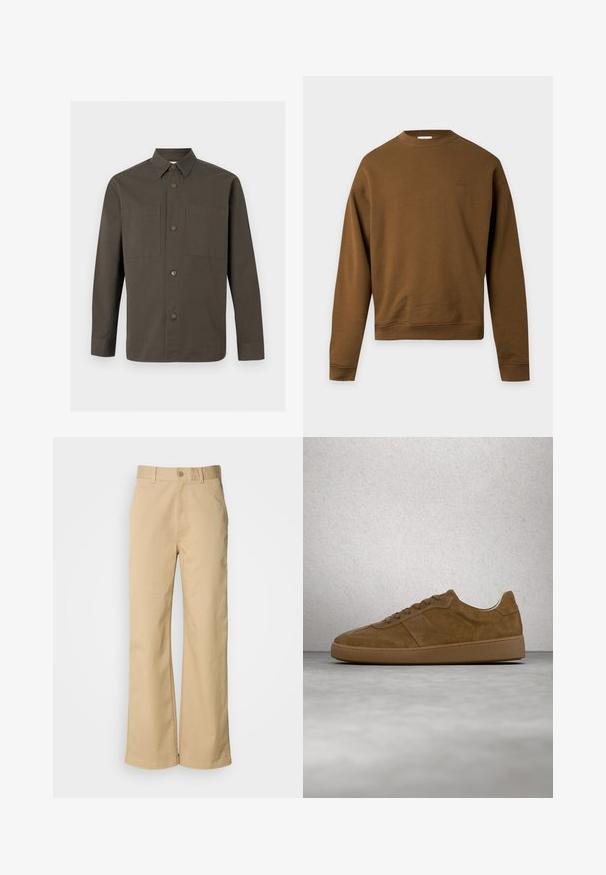 Sweat-shirt marron à manches longues et col rond, avec poignets et bas côtelés, arborant un petit logo brodé sur la poitrine gauche.; Chemise boutonnée à manches longues vert olive foncé avec col pointu et deux poches poitrine sur fond gris clair.; Pantalon large beige en mélange coton. Fermeture par bouton et passants de ceinture. Texture lisse, avec des détails de couture minimaux.; Baskets en daim marron avec des lacets couleur fauve et une semelle en caoutchouc. Présente un bout arrondi et des détails cousus sur la tige. Design léger.