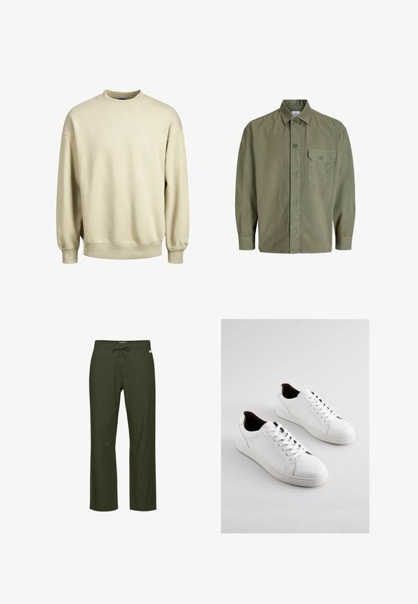 Beige Sweatshirt mit Rundhalsausschnitt, langen Ärmeln und gerippten Bündchen. Weicher Stoff mit lockerer Passform und minimalistischem Design.; Olivegrünes Langarmhemd mit Knopfleiste, Kragen und einer einzigen, geknöpften Brusttasche auf der linken Seite.; Olivegrüne Hose mit Kordelzugbund, geradem Bein, weicher Stoffstruktur und einem dezenten Logotag vorne.; Weiße Ledersneaker mit niedrigem Profil, perforierten Seiten, flachen Schnürsenkeln und einem kontrastierenden braunen Innenfutter. Gummisohle mit strukturierter Musterung.