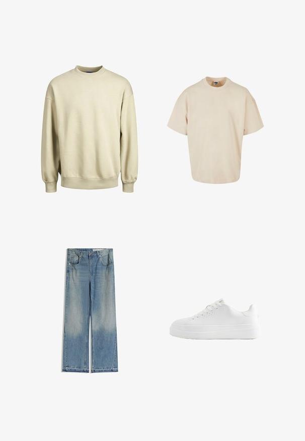 Sweatshirt beige avec un col rond, des manches longues et des poignets côtelés. Tissu doux avec une coupe décontractée et un design minimaliste.; T-shirt beige oversize, fabriqué en coton doux, avec un col rond et des manches courtes, dotée d'un ourlet droit. Design simple et minimal.; Jean large en denim bleu clair avec un délavage, comportant deux poches avant, une fermeture par bouton et une coupe droite avec des ourlets nets.; Baskets basses blanches avec semelle épaisse, lacets à l’avant et petits trous de ventilation sur le côté, montrées en profil latéral.
