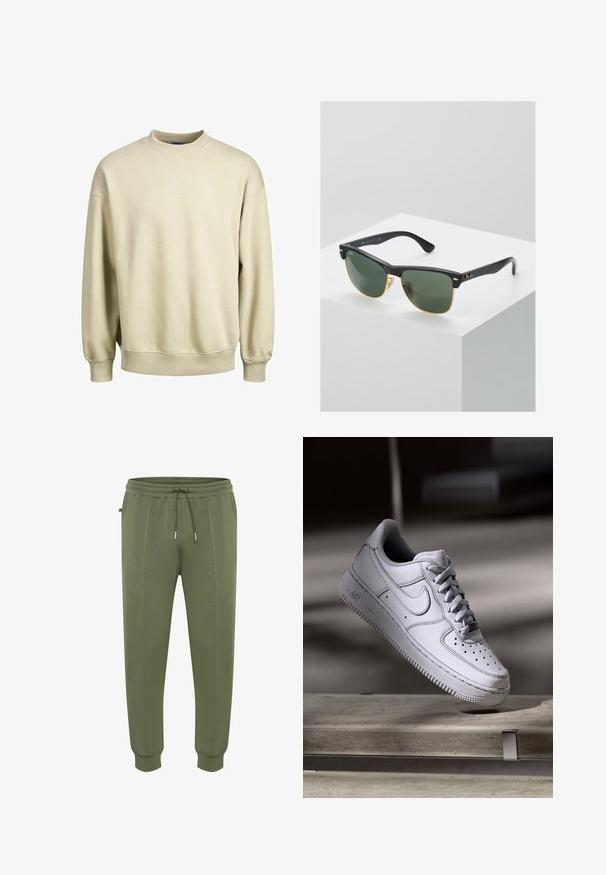 Beige sweatshirt met een ronde hals, lange mouwen en geribde manchetten. Zachte stof met een losse pasvorm en minimalistisch ontwerp.; Joggingbroeken in olijfgroen gemaakt van zachte stof, voorzien van een taille met trekkoord, zijzakken en geribbelde boorden voor een goede pasvorm.; Witte Nike Air Force 1 sneaker van leer met geperforeerde neus, platte veters en een gestructureerde rubberen zool met "AIR"-logo aan de zijkant.; Ray-Ban zonnebrillen met groene lenzen, zwarte plastic monturen en gouden accenten aan de randen. Vierkante vorm met een matte afwerking.