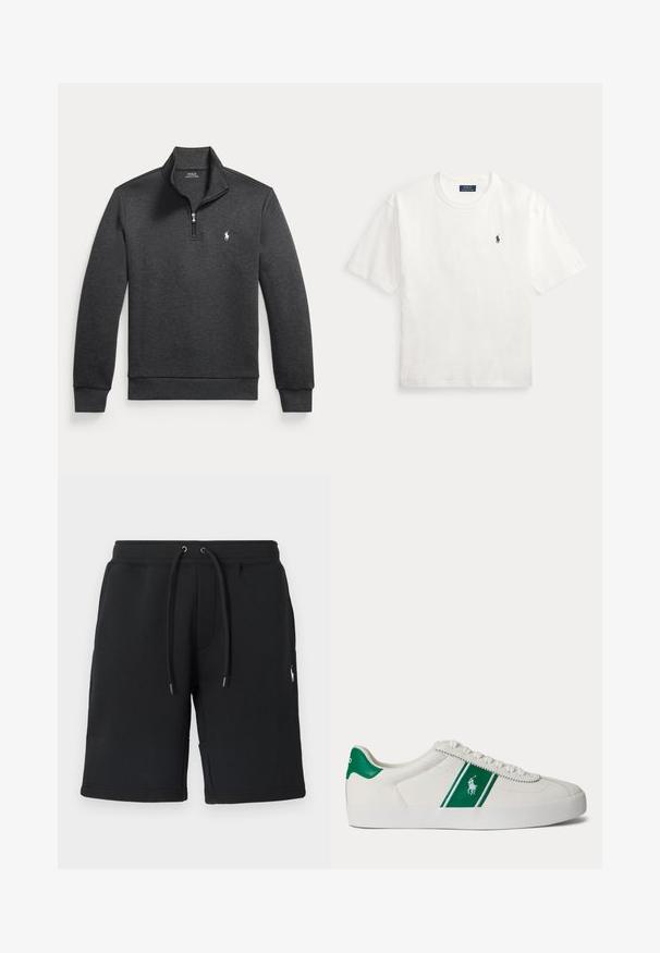 Donkergrijze trui met lange mouwen en een kwartrits, hoge kraag en klein wit Polo Ralph Lauren-logo op de linkerborst.; Witte T-shirt met korte mouwen en ronde hals met klein zwart Polo Ralph Lauren paardenlogo op de linkerborst.; Zwarte sweatshorts gemaakt van zachte stof, voorzien van een tailleband met trekkoord met metalen uiteinden en een klein logo op het been. Gladde textuur, ontworpen voor comfort.; Witte lage sneaker met groene streep en Polo-logo aan de zijkant, groene hieltab en witte veters, vanaf de linkerkant getoond op een effen achtergrond.