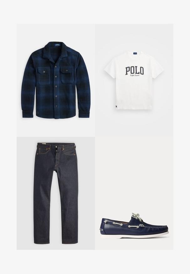 Marineblå og sort ternet fleece-skjorte med knapper, krave og to brystlommer med knap, lagt fladt på hvid baggrund.; Polo Ralph Lauren CUSTOM SLIM FIT LOGO JERSEY T-SHIRT - T-shirts print - white; Mørkeblå denimjeans med lige ben, prydet med orange syninger og klassisk fem-lomme design. Lukning med knap og lynlås.; Flåden blå læder bådsko med hvide snørebånd og syninger, med hvid gummisål og metaløjer på en lyse baggrund.