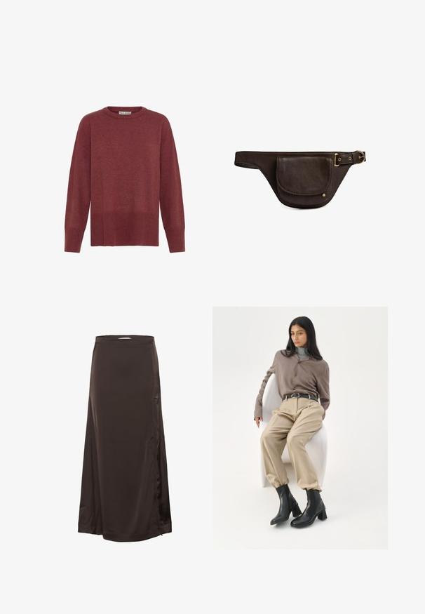 Burgunderrød strikket sweater med rund halsudskæring, drop skuldre og ribbede manchetter. Har en struktureret bundkant. Mellemvægtigt stof.; Lang, mørkebrun satin skørt med en tætsiddende talje og subtil splittelse i siden, glat tekstur og let shine.; Kvinde med langt sort hår, der læner sig op ad en hvid buet stol iført en taupe bluse, beige bukser, sort bælte og sorte ankelstøvler med hæl.; Mørkebrun læder bæltepose med forflap-lomme og messing spænde på den justerbare rem, isoleret på hvid baggrund.
