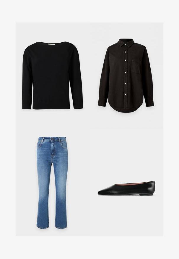 Black long-sleeve sweater with a wide round neckline, ribbed hem, and cuffs, displayed on a plain light gray background.; Black long-sleeve button-up shirt with collar and chest pocket, displayed on plain white background.; High-waisted blue denim jeans with slight flare leg, five pockets, button closure, and subtle fading down the front.; Black leather women's flat shoe with pointed toe and low heel, shown from side on plain light gray background.