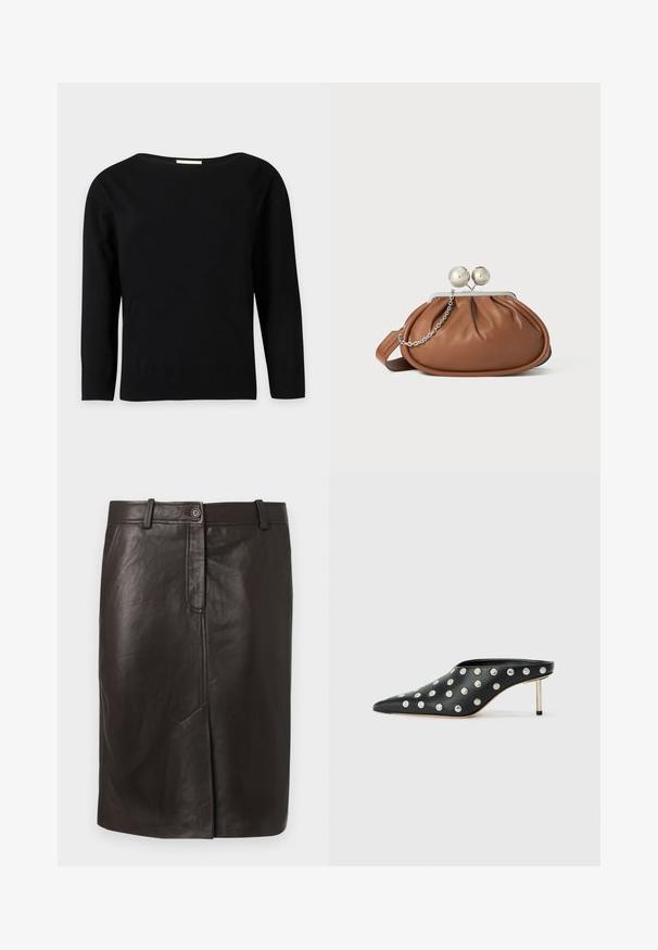 Pull noir à manches longues avec un large col rond, ourlet et poignets côtelés, présenté sur un fond uni gris clair.; Jupe crayon en cuir noire longueur genou avec fente devant, ceinture, passants de ceinture et fermeture par bouton.; STAND STUDIO KELSEY - Mules à talons - black; Pochette en cuir marron avec un fermoir à boule en argent et un petit détail en chaîne argentée sur fond blanc.