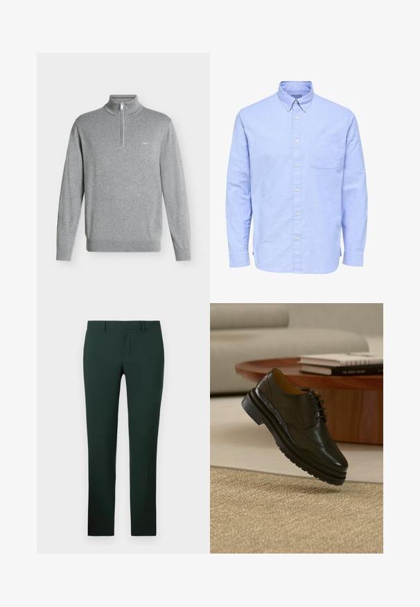 Helehall pikkade varrukatega pullover, millel on poollukuga krae ja väike tikitud embleem vasakul rinnal.; Helehall sinine pika varrukaga nööpidega särk, nööpidega krae ja vasakul rinnataskuga.; Tumed roheline püksid sirge sääre disainiga, valmistatud siledast kangast. Omab lamedat esipaneeli ja standardset vöökohta, millel on vööloopide jaoks augud.; Mustast nahast brogue-tüüp king paksu tallaga, hõljumas beežil vaibal, ümmargune puidust laud, kus on raamatud virnas ja hele värvi diivan taustal.