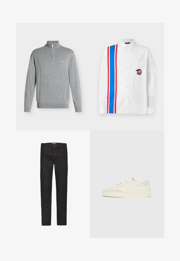 Hellgrauer Pullover mit langen Ärmeln, Halbreißverschluss am Kragen und kleinem gesticktem Emblem auf der linken Brust.; Weißes Button-up-Hemd mit einem blau-roten Streifenmuster auf einer Seite und einem schwarzen bestickten Helm-Patch auf der Brusttasche.; Schwarze Denim-Jeans mit geradem Schnitt. Zu den Merkmalen gehören fünf Taschen, ein Knopfverschluss und dezente Nähte entlang der Säume.; Weiße Wildleder-Sneaker mit glatter Oberfläche, rundem Zehenbereich, flachem Schnürdesign und kontrastierenden, strukturierten Akzenten. Mit einem dezenten Logodetail versehen.