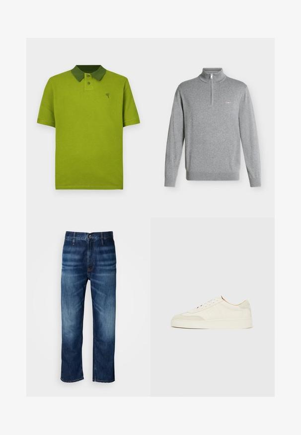 Pull gris clair à manches longues avec col avec demi-fermeture éclair et petit emblème brodé sur la poitrine gauche.; Polo vert texturé avec un col d'un vert plus foncé contrastant, une patte de boutonnage à deux boutons et un petit logo sur la poitrine.; Jean en denim droit bleu foncé avec un léger décoloration au niveau des cuisses et une fermeture à bouton à la taille, présenté sur fond blanc.; Baskets en daim blanc à finition lisse, embout rond, design lacé plat, avec des accents texturés contrastants. Comprend un détail de logo subtil.