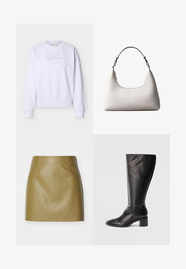Hvid Calvin Klein sweatshirt med lange ærmer, rund hals og præget "cK Calvin Klein" logo på forsiden.; Olivengrøn læder mini-nederdel med en glat overflade, der har to forreste sømme og en lige pasform, afsluttet med minimalistiske syninger.; Sorte læderknæhøje støvler med firkantet tå, blokhæle og et stilrent design. Glat tekstur med en sideskift for nem påtagning.; Cremefarvet skuldertaske i læder fra Calvin Klein med buet topkant, sølvfarvet lynlås og mørkebrun justerbar rem.