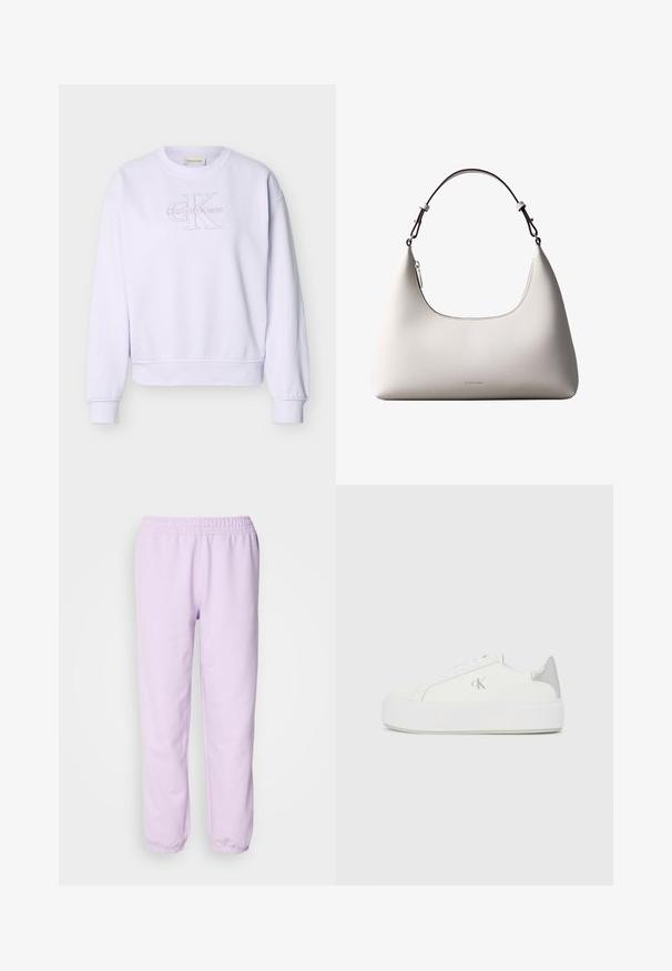 Valge pika varrukaga Calvin Kleini pusa, millel on ümara kaelusega ja esiküljel reljeefne "cK Calvin Klein" logo.; Heledad heledad lõhehalli värvi pusad, mis on valmistatud pehmest kangast, elastse vöökoha ja elastsete mansettidega pahkluude juures. Lihtne disain, ilma mustriteta.; Valged kangast tennisekingad paksu valge tallaga, millel on metallist hõbedane aksent kandadel ja tagasihoidlik logodetail küljel.; Kreemjagu Calvin Kleini nahast õlakott kõverdatud ülaäärtega, hõbedase tõmblukuga ja tumepruuni reguleeritava rihmaga.