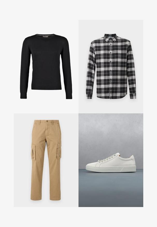 Sort strikket sweater med lange ærmer, rund halsudskæring samt ribbede manchetter og bund. Glat tekstur og tætsiddende design.; Sort og hvidternet flannel skjorte med lange ærmer, knappet krave, standard front lukning med knapper og et lille logo på brystet.; Beige cargobukser med to sidelommer, knaplukning, lige ben og et blødt, tekstureret stof.; Hvid lædersneaker med rund tå, minimalistisk design, grå snørebånd og en tekstureret grå gummisål. Subtile syningsdetaljer er synlige.