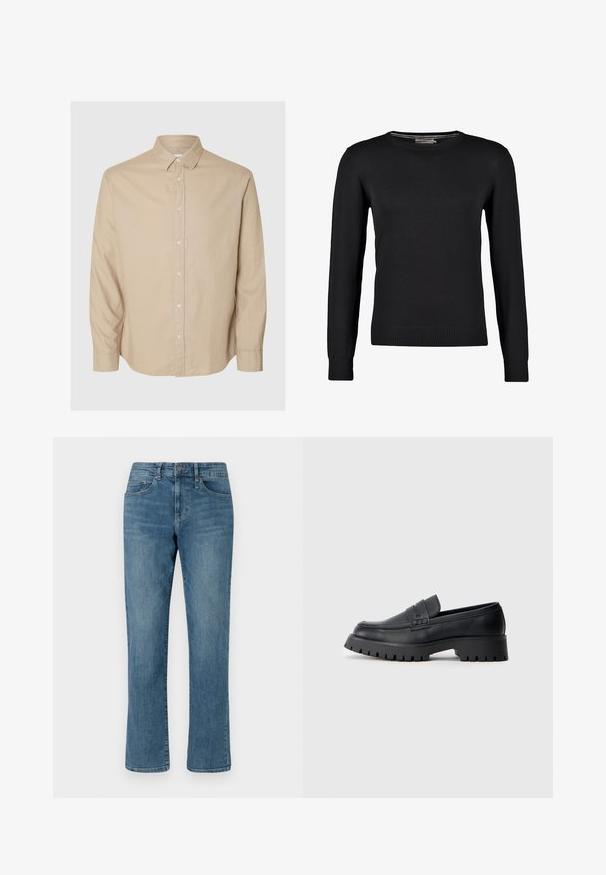 Sort strikket sweater med lange ærmer, rund halsudskæring samt ribbede manchetter og bund. Glat tekstur og tætsiddende design.; Selected Flannel - Skjorter - pure cashmeredetail:mixed w. oatmeal; Lyseblå denimjeans med lige ben, en standard talje og synlige sømme. Har fem lommer og lynlås.; Sorte læder loafers med en rund tå, prydet med en dekorativ rem og en kraftig gummisål med dybe riller for grip.
