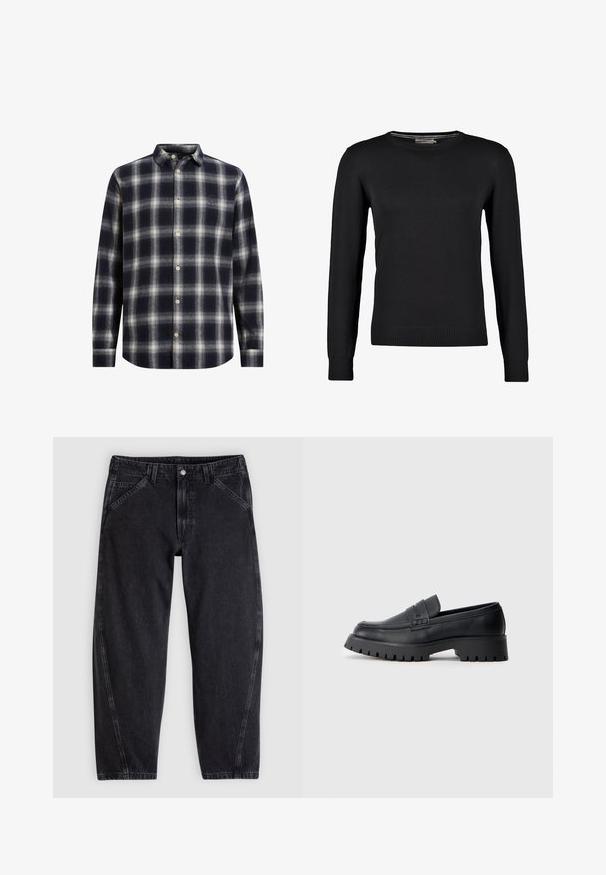 Sort strikket sweater med lange ærmer, rund halsudskæring samt ribbede manchetter og bund. Glat tekstur og tætsiddende design.; Marineblå og cremeplaid flannel skjorte med knapkrave, lange ærmer og beige knapper; har en blød tekstur og en struktureret form.; Sorte denimjeans med løs pasform, der har en standard-taljebånd, femlomme-design og kontrastsyning langs sømmene.; Sorte læder loafers med en rund tå, prydet med en dekorativ rem og en kraftig gummisål med dybe riller for grip.