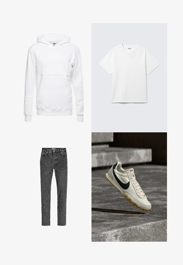 Hvid hætte sweatshirt lavet af blødt stof, med en kængurulomme, ribbet manchetter og et simpelt, udekoreret design. Hætten er fastgjort.; Hvid kortærmet crewneck T-shirt lagt fladt ud, ensfarvet design, med "WEEKDAY" mærkat inde i kraven på en lys baggrund.; Jack & Jones Relaxed Fit JJICHRIS JJORIGINAL SQ 734 - Jeans Tapered Fit - black denim; Hvid og sort Nike-sneaker med gummisål hængende over betontrapper, oplyst af naturligt sollys.