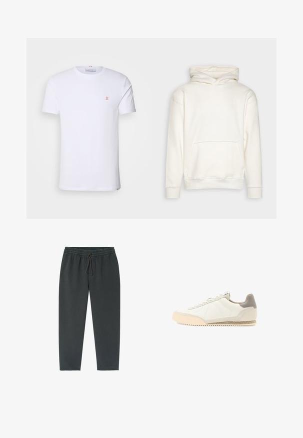 Weiße Kapuzenjacke aus weichem Material, mit Kängurutasche und gerippten Bündchen. Dezente Markenlogo auf der Vorderseite.; Weißes Baumwoll-T-Shirt mit kurzen Ärmeln, das ein kleines orangefarbenes "II"-Logo auf der linken Brust und einen Rundhalsausschnitt aufweist. Einfaches Design und Textur.; Dunkelgraue lässige Jogginghosen mit elastischem Bund und Kordelzug, gerade geschnitten, flach auf einem weißen Hintergrund ausgebreitet.; Weiße Ledersneaker mit einem sandfarbenen Wildlederakzent an der Ferse. Verfügt über eine strukturierte Gummisohle und flache weiße Schnürsenkel. Seitenpaneel-Nähdetails.
