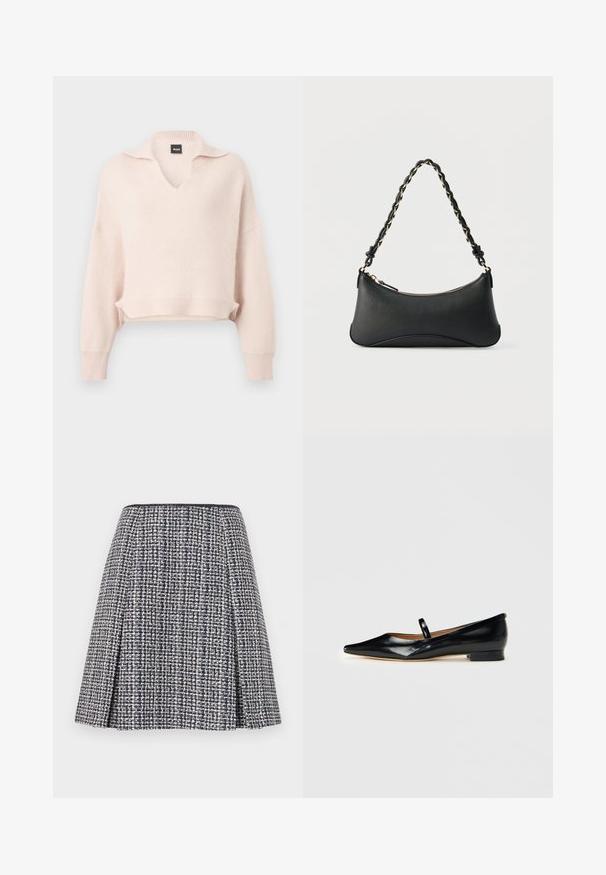Lyserød strikket sweater med V-hals og krave, sænket skulder, og ribkant i bund og ærmer. Fremstillet af et blødt, tekstureret materiale.; Marineblå tweednederdel med et struktureret mønster, flagrende silhuet og plisseringer. Livremmen er sort, hvilket fremhæver nederdelens design.; Sorte patenterede læder Mary Jane flade sko med spids tå, én rem og lav hæl på ensfarvet baggrund.; Sort skuldertaske i læder med en buet rektangulær form, gyldent kæde vævet ind i en flettet sort rem og toplynlås.