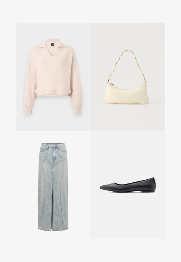 Lyserød strikket sweater med V-hals og krave, sænket skulder, og ribkant i bund og ærmer. Fremstillet af et blødt, tekstureret materiale.; Lyseblå denimskørt med en lige silhuet, der har en frontslids, bælteløkker og detaljeret syninger langs sømmene.; Sort flad lædersko med spidst tåparti og lav hæl, vist i sideprofil mod en hvid baggrund.; Lille cremefarvet taske med en kurvet form og fletet guldfarvet kæde som håndtag, lynlås lukning på toppen