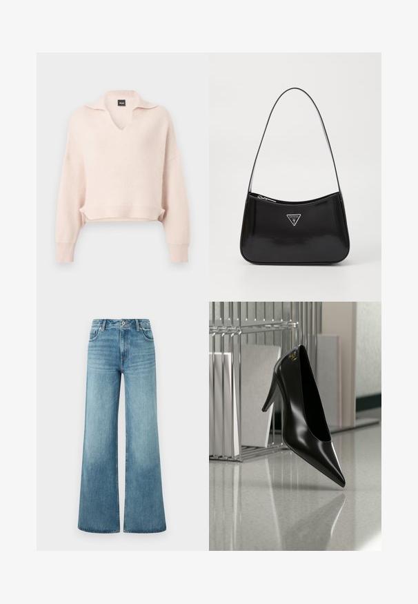 Pull rose clair en tricot avec col en V et col, épaules tombantes, ourlet et poignets côtelés. Fabriqué à partir d'un matériau doux et texturé.; Jean large en denim bleu clair, à taille haute, avec un design à cinq poches et un léger dégradé sur les jambes.; Chaussure noire à talon haut avec bout pointu et logo doré, posée sur une surface réfléchissante près d'un organiseur de dossiers en fil chromé contenant des documents.; Sac à épaule en cuir verni noir avec une forme incurvée, présentant un logo triangle en argent et une fermeture éclair. Texture lisse et bandoulière fine.