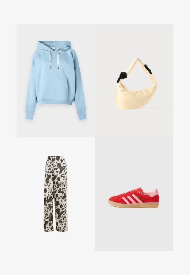 Lyseblå hættetrøje med kængurulomme og hvide snører med sort tekst, vist på en ensfarvet hvid baggrund.; adidas Originals COW PRINT SATIN WIDE LEG - Træningsbukser - multicolor off white; Rød ruskindssneaker med pink detaljer og tre hvide striber; gummisål; broderet tekst på siden og hælen. Klassisk atletisk design.; Skuldertaske i cremefarvet satin med to sorte flettede knuder på remmen og en synlig lynlåslukning.