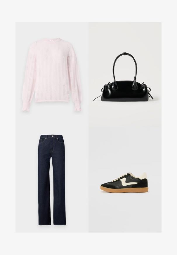 Helles rosa gestricktes Sweatshirt mit Rundhalsausschnitt, vertikalen Streifen, gerippten Bündchen und Rüschendetails an den Ärmelenden.; Dunkelblaue Denim-Jeans mit geradem Bein, klassischem Fünf-Taschen-Stil, sichtbaren Nähten und einem Frontknopfverschluss.; Schwarze Wildleder- und Leder-Sneaker mit einem cremefarbenen Seiten-Swoosh und einer hellcremefarbenen Ferse. Ausgestattet mit beige Schnürsenkeln und einer Gummilaufsohle.; Kleine schwarze glänzende Handtasche mit zwei langen Griffen und seitlichen Kordelzug-Details vor einfachem hellem Hintergrund.