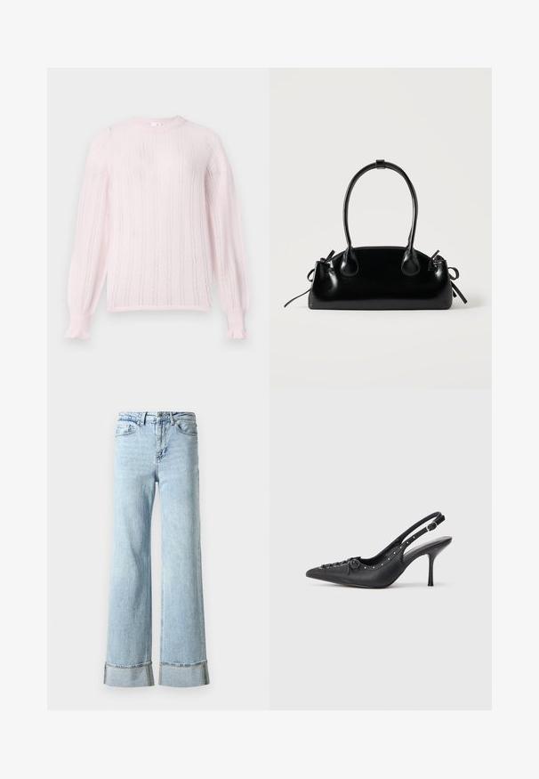 Suéter de punto rosa claro con cuello redondo, que presenta rayas verticales, puños acanalados y detalles de volantes en los extremos de las mangas.; Jeans de mezclilla de color azul claro con piernas anchas, dobladillos deshilachados y detalles decorativos de strass en los puños. Diseño estándar de cinco bolsillos.; Sandal de tacón stiletto negro de cuero con punta afilada, correa lateral con hebilla, tachuelas a lo largo del borde y cordones decorativos en la parte delantera.; Pequeño bolso negro brillante con dos asas largas y detalles de cordón lateral sobre un fondo claro liso.