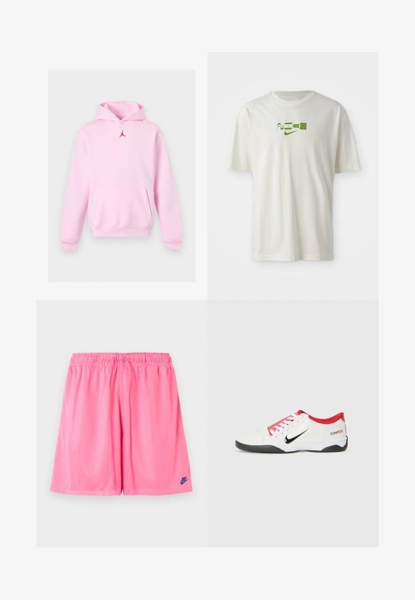 Lyserød hættetrøje med en front-kængurulomme og et lille rødt Jumpman-logo centreret under hætten.; Hvid bomulds t-shirt med et grønt grafisk print med ordet "NIKE" og logo. Korte ærmer og rund hals. Glat tekstur.; Lyserøde atletikshorts med elastisk linning og lille mørkeblå Nike-logo på venstre ben nederst.; Hvide atletiske sko med røde accenter, sort Swoosh-logo og struktureret design. Har hvide snørebånd og en sort ydersål. Teksten læser "total90."