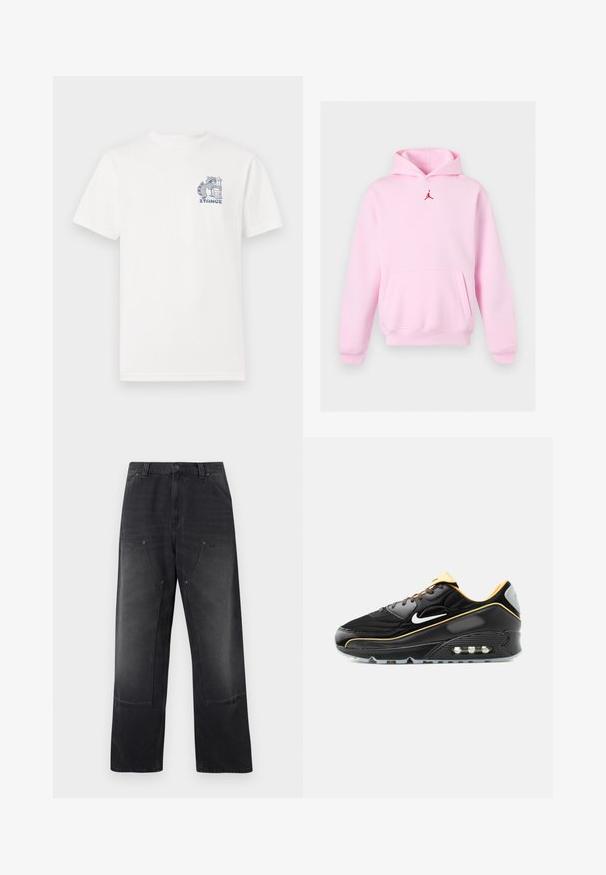 Lyserød hættetrøje med en front-kængurulomme og et lille rødt Jumpman-logo centreret under hætten.; Hvid t-shirt med korte ærmer lavet af bomuld, med et blåt grafisk motiv på brystet af en vaskebjørn ved siden af en skraldespand og teksten "STANCE."; Sorte jeans med brede ben, forlommer med lapper, bæltestropper og lukning med knap samt lynlås.; Sort og gul Nike Air Max sneaker med hvid swoosh, synlig luftpolstring i sålen og lavt design på en ensfarvet baggrund.