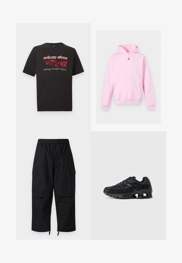 Sweat à capuche rose clair avec une poche kangourou à l'avant et un petit logo Jumpman rouge centré sous la capuche.; T-shirt noir à coupe ample avec des graphismes abstraits de flammes rouges et le texte « volcom stone » et « strange things happen » sur le devant.; Pantalon cargo noir avec une ceinture élastique, multiples poches et fermetures éclair aux chevilles, avec une coupe décontractée et ample.; Chaussure de sport noire avec une tige en mesh, un col rembourré et une technologie d'amorti proéminente au talon. Caractérisée par des accents texturés et des lacets.