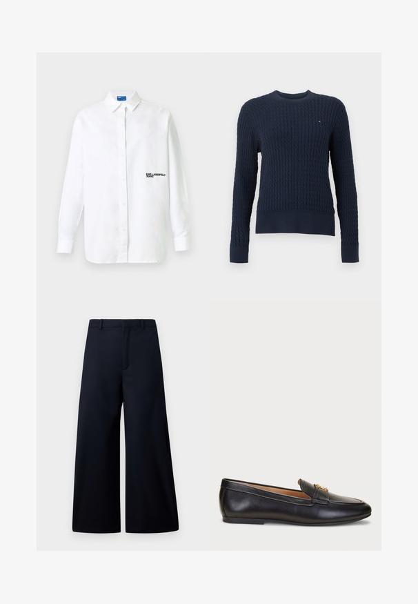 Navyblå kabelstrikket sweater med lange ærmer, rund hals, ribstrikkede ærmeafslutninger, kant og lille Tommy Hilfiger flaglogo på brystet.; Hvid skjorte med lange ærmer, knapper og krave samt sort tekstlogo "KARL LAGERFELD JEANS" på venstre bryst.; Breddebenede bukser i mørk navy, lavet af et glat stof. Har en flad talje, en frontfals og ingen synlig hardware eller mønstre.; Lauren Ralph Lauren AVERI III BURNISHED LEATHER LOAFER - Loafers - black