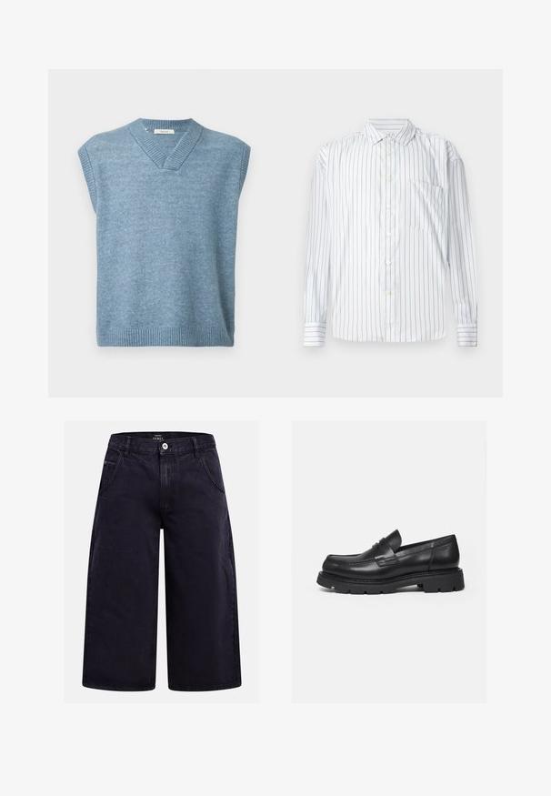 Un gilet sans manches bleu clair avec un col en V et un ourlet et un col côtelés sur fond blanc.; Chemise à manches longues avec boutons en blanc, dotée de fines rayures verticales rouges, texture douce, col pointu et une poche sur la poitrine gauche.; Shorts en denim noir à jambes larges, avec bouton sur le devant, fermeture éclair, passants pour ceinture et deux poches avant.; Mocassin en cuir noir avec semelle épaisse crantée et détail de bride penny, présenté en profil droit sur fond blanc.