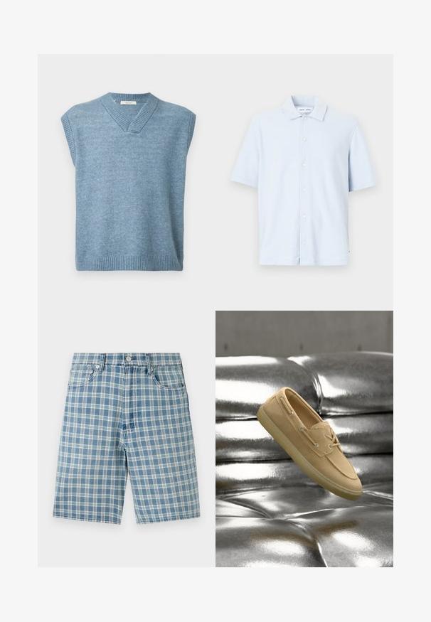 Hellblauer ärmelloser Pullover mit V-Ausschnitt und geripptem Saum sowie Kragen auf einem schlichten weißen Hintergrund.; Helles blaues Kurzarmhemd aus weichem Stoff, mit einer durchgehenden Knopfleiste und einem klassischen Kragendesign.; Hellblaue Karobluse-Shorts aus einem Baumwollmix, mit fünf Taschen, Knopfverschluss und lockerer Passform. Die Textur ist glatt und weich.; Beiger Wildleder-Bootsschuh mit Schnürdetails, der über einer glänzenden, metallisch silbernen, gesteppten Lederoberfläche schwebt.