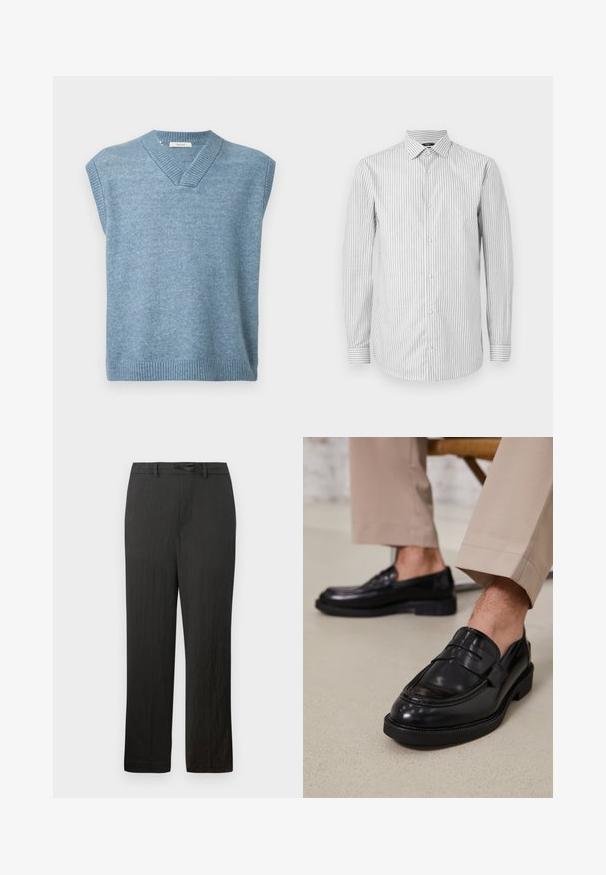 Un gilet sans manches bleu clair avec un col en V et un ourlet et un col côtelés sur fond blanc.; Chemise de dress à manches longues rayée en blanc et gris clair, col avec fermeture à boutons, présentant des poignets rayés contrastants et une texture douce.; Pantalons noirs à jambes droites avec une texture lisse, dotés d'une taille à cordon de serrage et d'un tissu léger et discret.; Mocassins en cuir noir avec une finition lisse, ornés d'une sangle décorative et de coutures contrastées, associés à un pantalon beige.