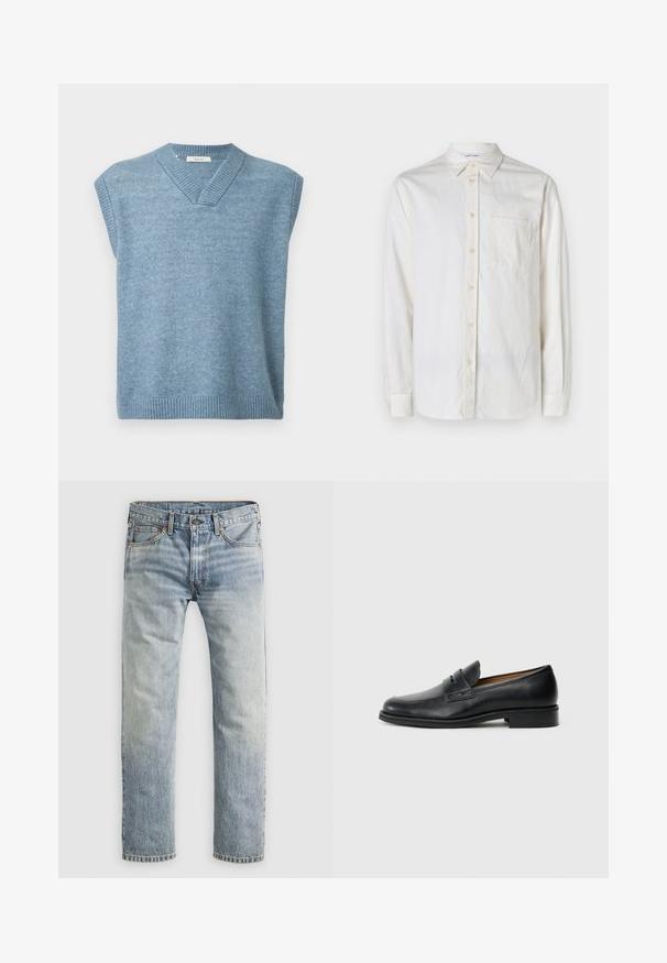 Hellblauer ärmelloser Pullover mit V-Ausschnitt und geripptem Saum sowie Kragen auf einem schlichten weißen Hintergrund.; Langärmliges, weißes Hemd aus strukturiertem Stoff mit Button-Down-Kragen, Brusttasche und Knopfverschlüssen entlang der Knopfleiste und der Manschetten.; Hellblaue gerade geschnittene Jeans mit Knopfverschluss, Fronttaschen und Gürtelschlaufen, flach auf weißem Hintergrund präsentiert.; Schwarze Lederloafer mit abgerundetem Zehenbereich, die über ein vorderes Riemen-Detail und einen niedrigen, stabilen Absatz verfügen. Glatte Textur und elegantes Design.