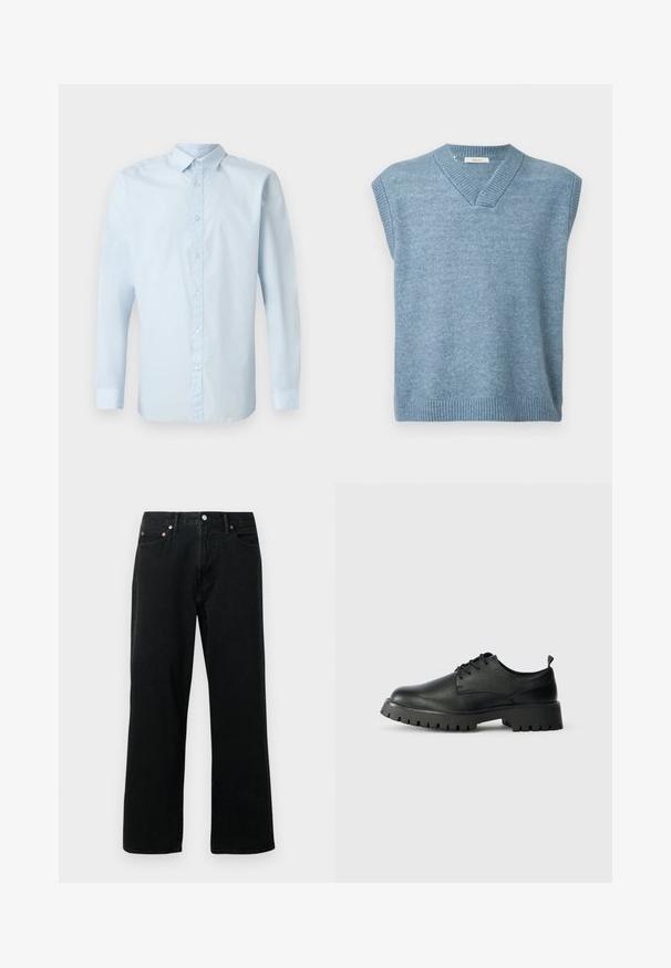 Hellblauer ärmelloser Pullover mit V-Ausschnitt und geripptem Saum sowie Kragen auf einem schlichten weißen Hintergrund.; Helles blaues Langarmhemd aus glattem Stoff, mit durchgehender Knopfleiste, klassischem Kragen und geknöpften Manschetten.; Schwarze Jeans aus Denim mit gerade geschnittenem Bein, fünf Taschen, Metallnieten und Knopfverschluss. Der Stoff hat eine weiche Textur mit minimaler Ausbleichung.; Schwarze Leder Schnürschuhe mit runder Spitze, strukturierten Oberflächen und dicker Gummisohle mit tiefen Profilen für besseren Grip.