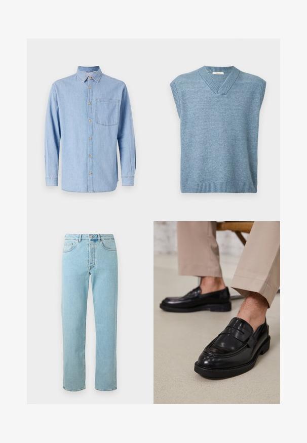 Hellblauer ärmelloser Pullover mit V-Ausschnitt und geripptem Saum sowie Kragen auf einem schlichten weißen Hintergrund.; Helles blaues Denimhemd mit Button-Down-Kragen, langen Ärmeln und einer einzelnen Brusttasche. Mit braunen Knopf-Details und kontrastierenden Nähten.; Helle blaue Jeans aus Denim mit geradem Schnitt, fünf Taschen, einem Reißverschluss und einem dezenten Verblassen des Stoffes.; Schwarze Lederloafers mit glatter Oberfläche, ausgestattet mit einem dekorativen Riemen und Kontrastnähten, kombiniert mit beigen Hosen.