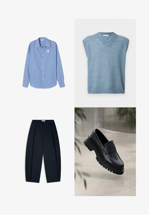 Hellblauer ärmelloser Pullover mit V-Ausschnitt und geripptem Saum sowie Kragen auf einem schlichten weißen Hintergrund.; Blau-weiß gestreiftes Langarmhemd mit spitzem Kragen, Knopfleiste vorn und einem kleinen quadratischen Logoaufnäher auf der linken Brust.; Schwarze Hosen mit hoher Taille, Falten, Knopfverschluss, Gürtelschlaufen und geradem, weitem Bein.; Schwarze Lederloafer mit einer robusten profilierten Sohle, ausgestattet mit einem dekorativen Riemen und einer Stichdetail. Glatte Textur mit einem polierten Finish.